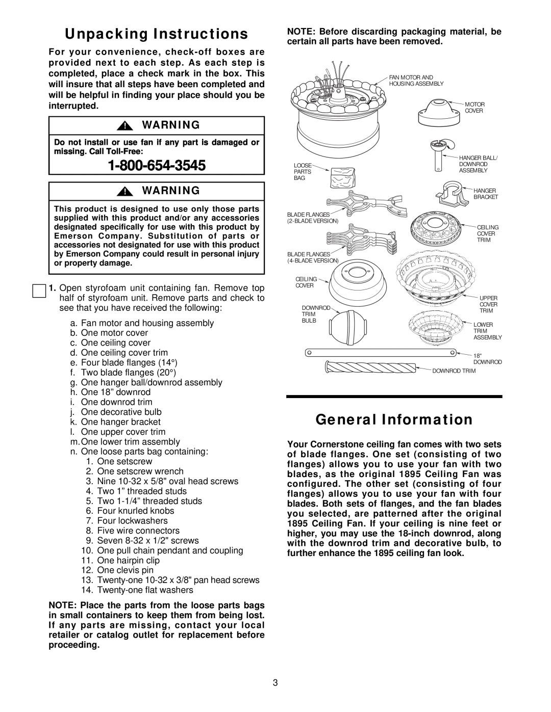 Emerson CF1WB01, CF1AB01, CF1PW01 owner manual Unpacking Instructions, General Information 