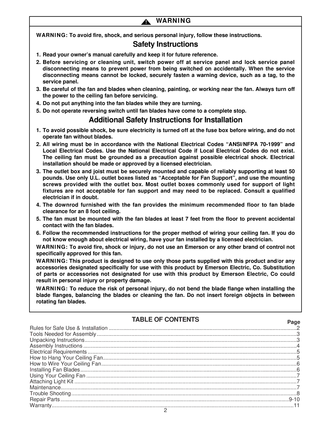 Emerson CF2000WB02, CF2000AB02, CF2000AW02, CF2000BC02, CF2000PW02, CF2000WW02, CF2000ORB02 owner manual Safety Instructions 