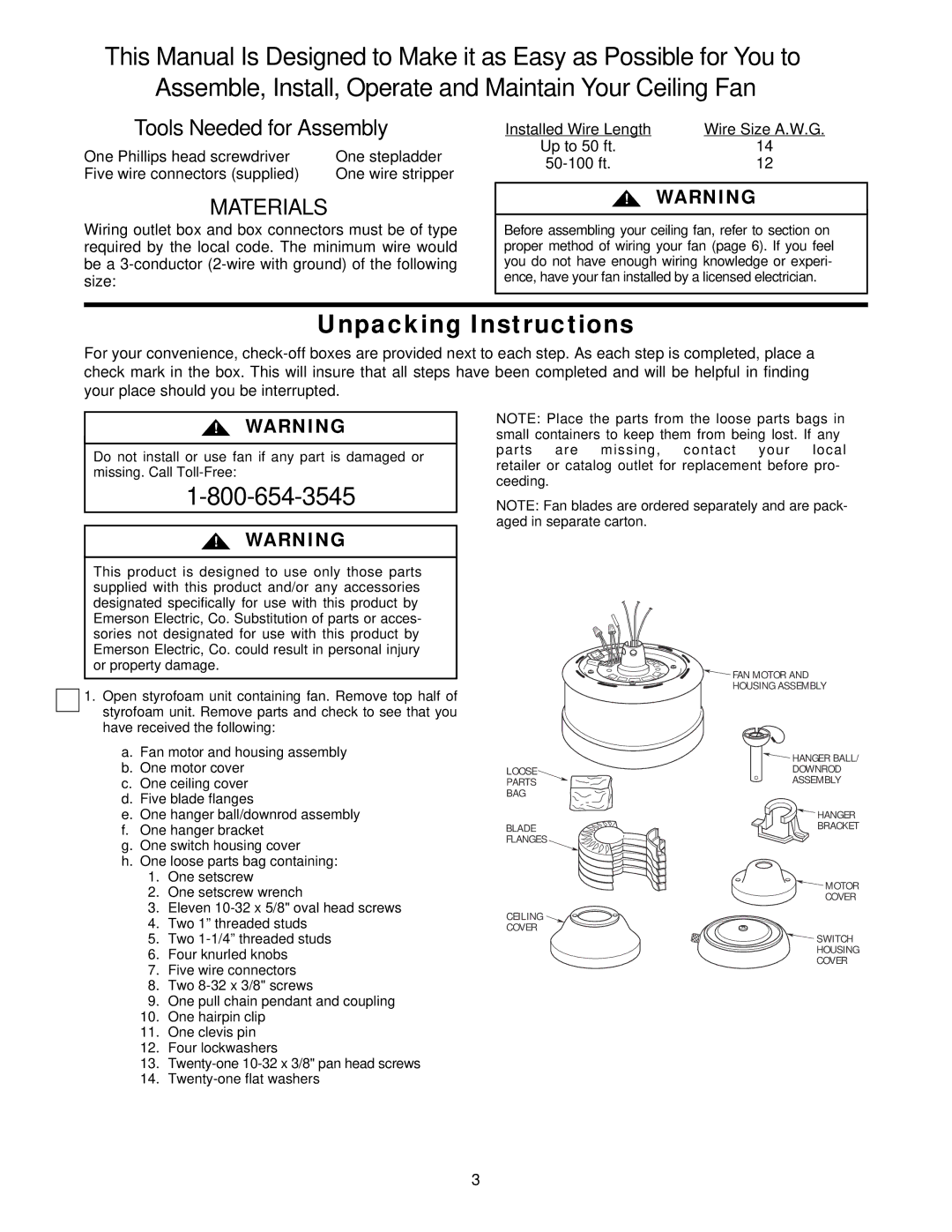 Emerson CF2000BC02, CF2000AB02, CF2000AW02, CF2000WB02, CF2000PW02 Unpacking Instructions, Materials, Up to 50 ft 50-100 ft 