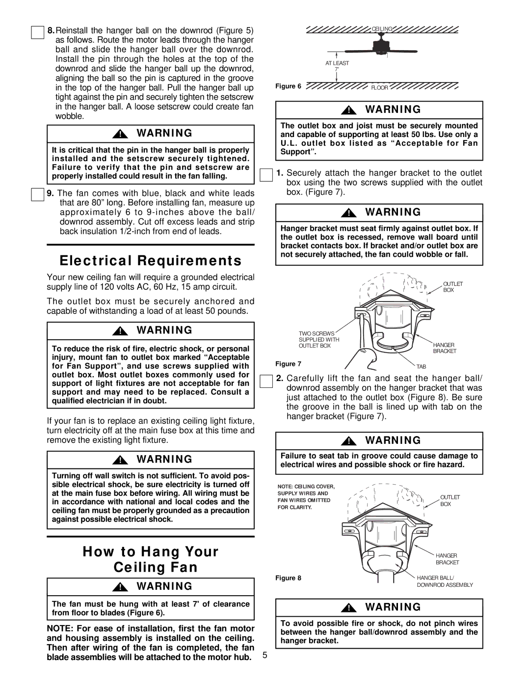 Emerson CF2000WW02, CF2000AB02, CF2000AW02, CF2000WB02, CF2000BC02 Electrical Requirements, How to Hang Your Ceiling Fan 