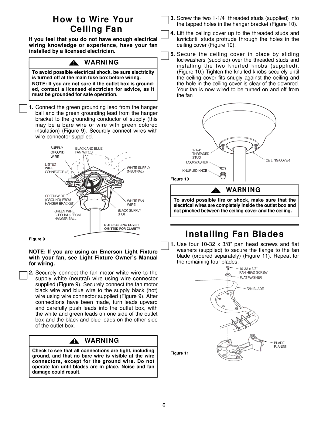 Emerson CF2000ORB02, CF2000AB02, CF2000AW02, CF2000WB02, CF2000BC02 How to Wire Your Ceiling Fan, Installing Fan Blades 