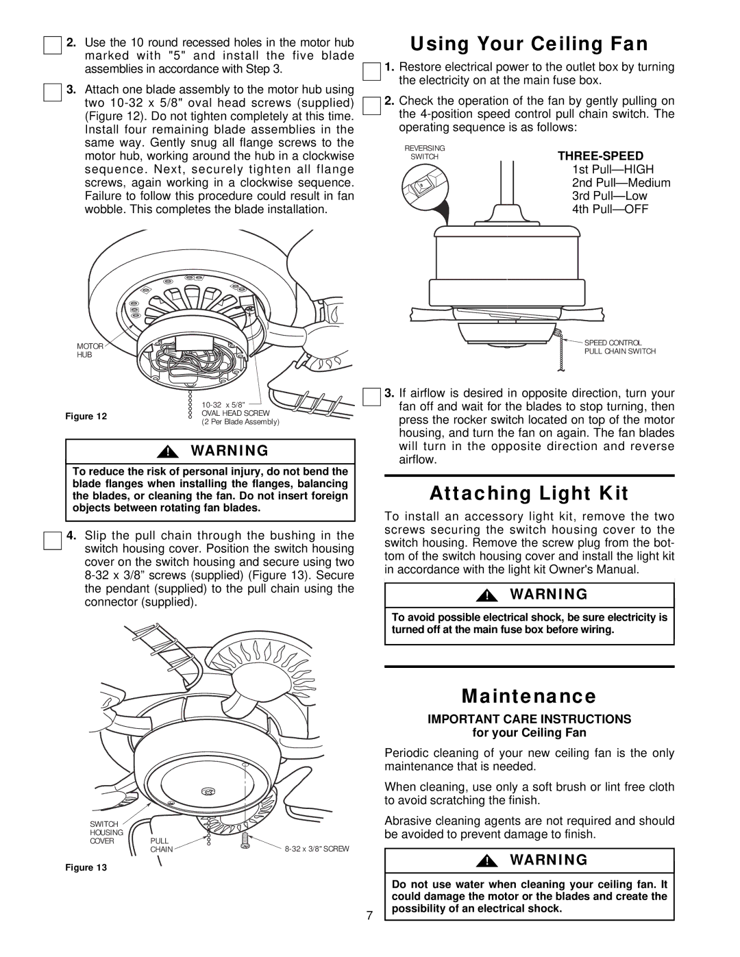 Emerson CF2000AB02, CF2000AW02, CF2000WB02 Using Your Ceiling Fan, Attaching Light Kit, Maintenance, For your Ceiling Fan 