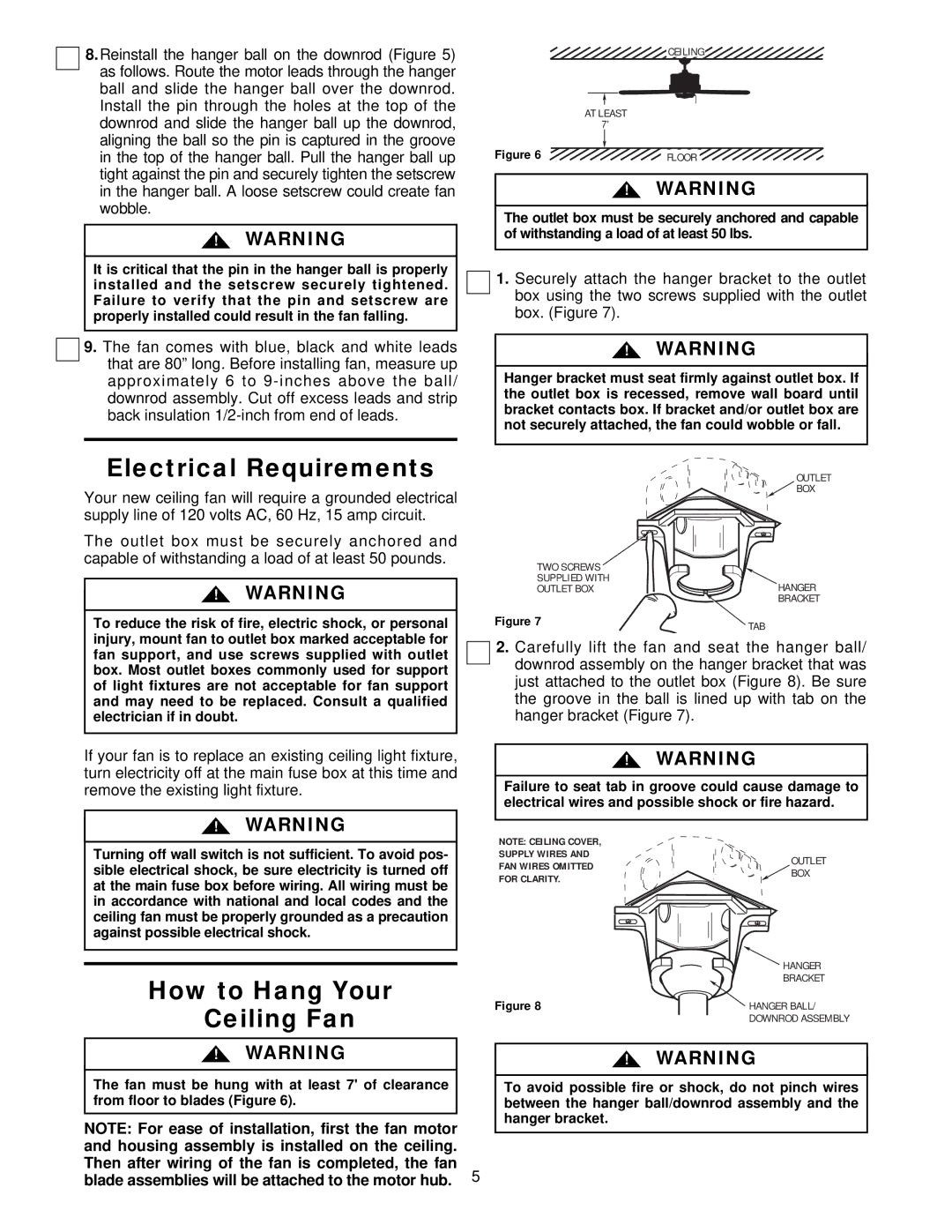 Emerson CF2000PW02, CF2000AB02, CF2000PB02, CF2000AW02, CF2000WB02 Electrical Requirements, How to Hang Your Ceiling Fan 