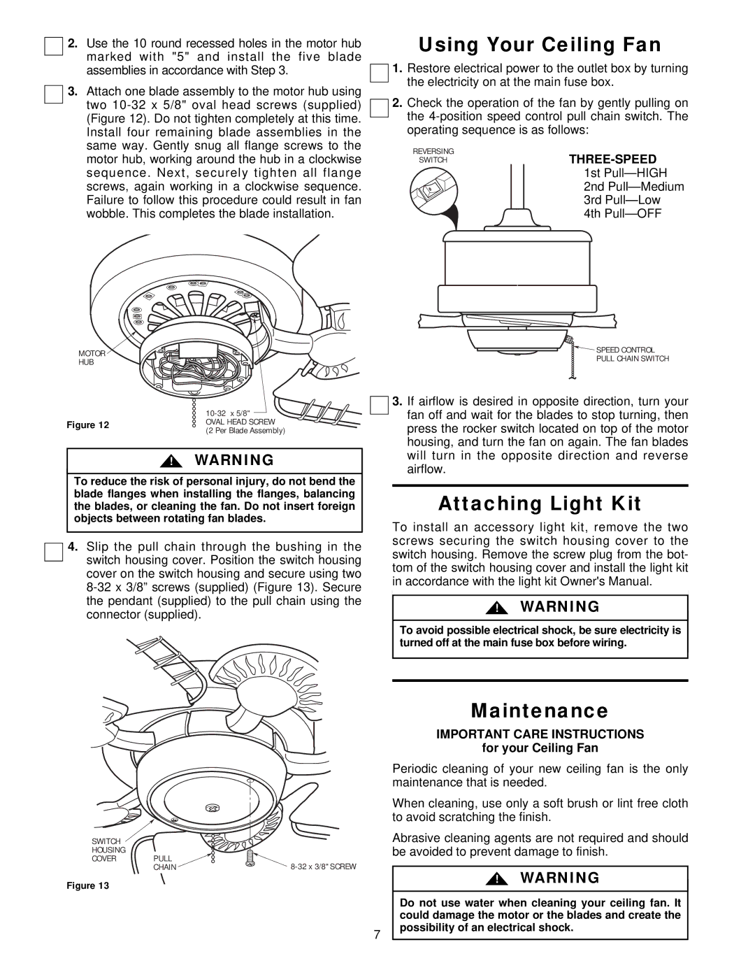 Emerson CF2000AB02, CF2000PB02, CF2000AW02 Using Your Ceiling Fan, Attaching Light Kit, Maintenance, For your Ceiling Fan 