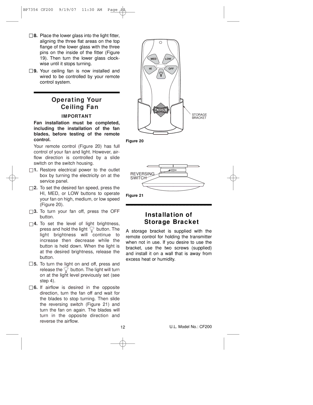 Emerson CF200n100 owner manual Operating Your Ceiling Fan, Installation Storage Bracket, Reversing Switch 