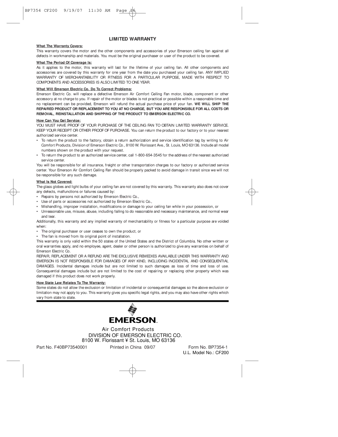 Emerson CF200n100 owner manual Limited Warranty 