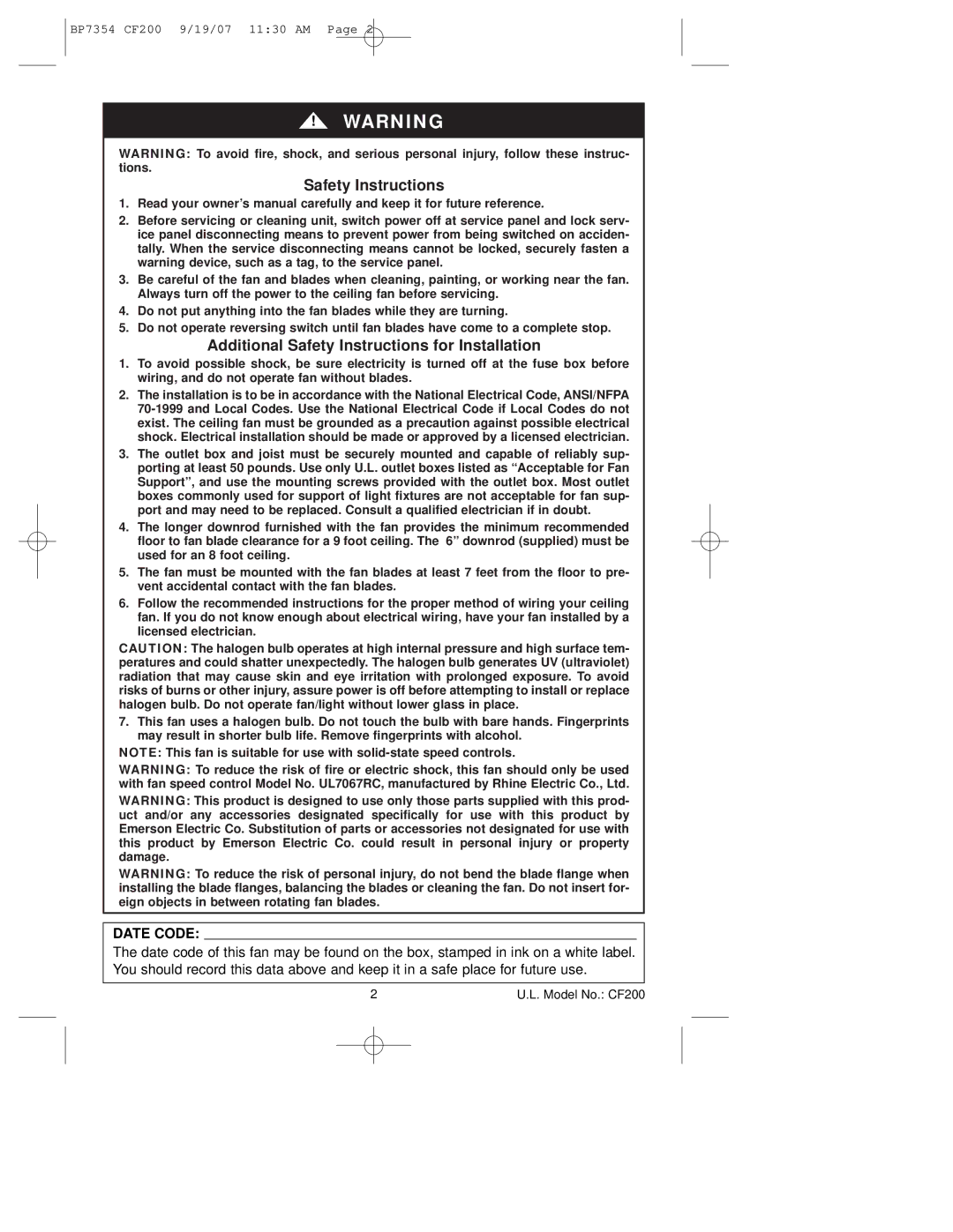 Emerson CF200n100 owner manual Safety Instructions, Date Code 