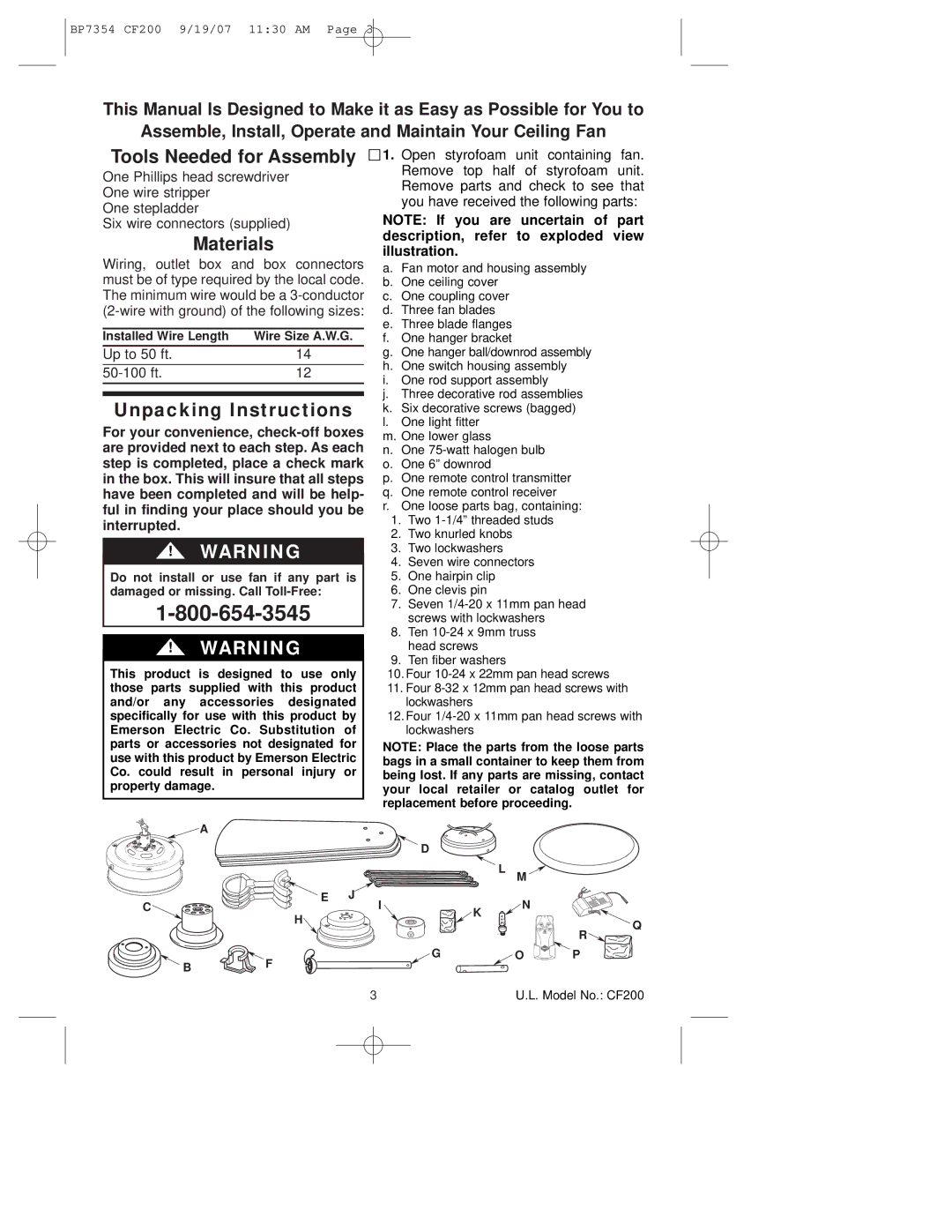 Emerson CF200n100 owner manual Tools Needed for Assembly, Materials, Unpacking Instructions 