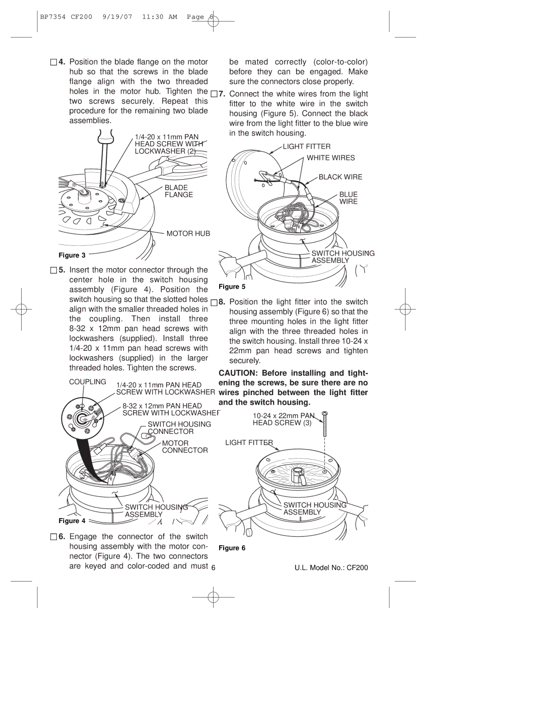 Emerson CF200n100 Blade Flange Motor HUB, Light Fitter White Wires Black Wire Blue, Coupling, Switch Housing Assembly 