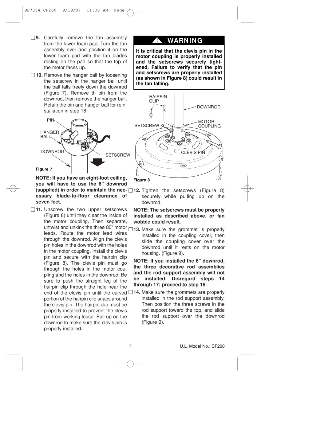 Emerson CF200n100 owner manual PIN Hanger Ball Downrod Setscrew, Hairpin Clip, Setscrew Motor, Clevis PIN 