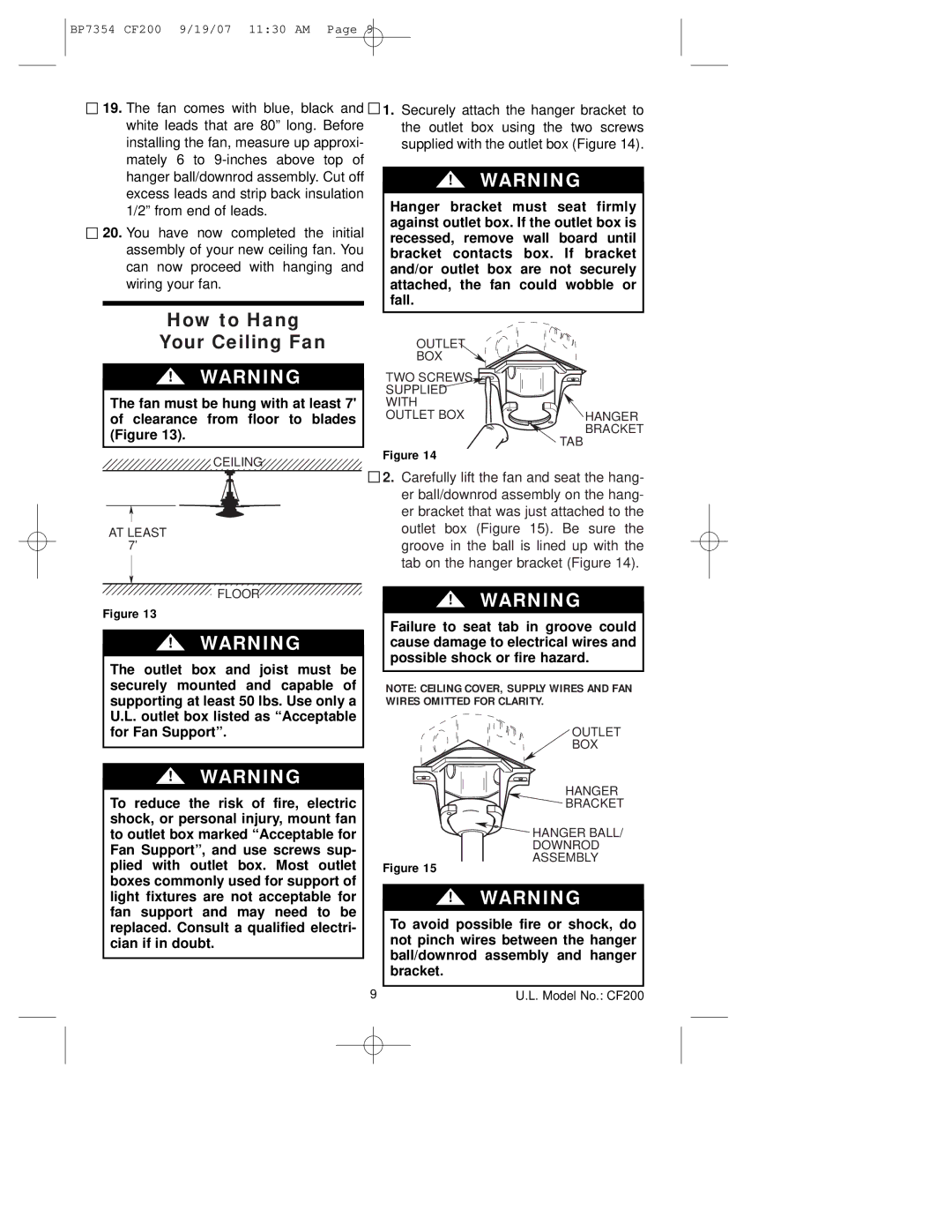 Emerson CF200n100 How to Hang Your Ceiling Fan, Ceiling AT Least Floor, Outlet BOX TWO Screws Supplied With, Tab 