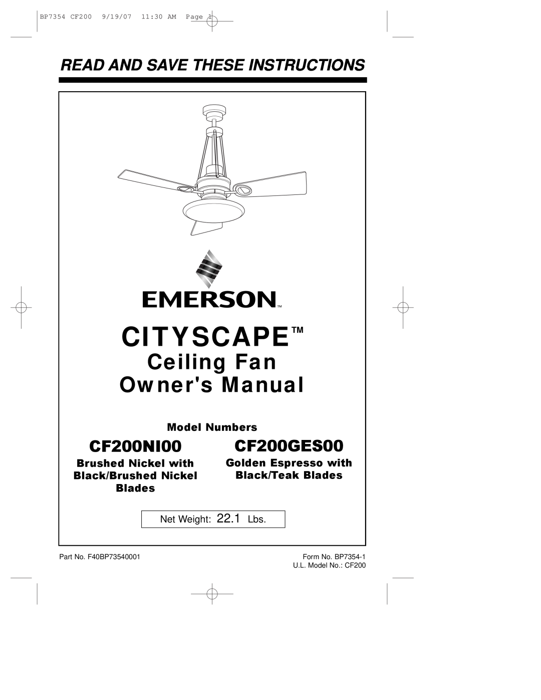 Emerson CF200n100 owner manual Cityscape, Read And Save These Instructions, CF200NI00, CF200GES00, Model Numbers, Blades 