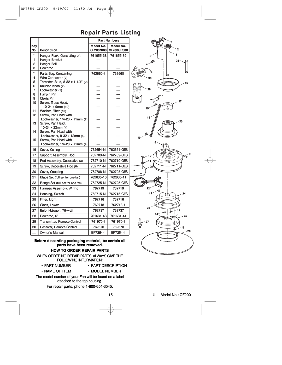 Emerson CF200n100 owner manual Repair Parts Listing, Part Numbers, Model No, Description 