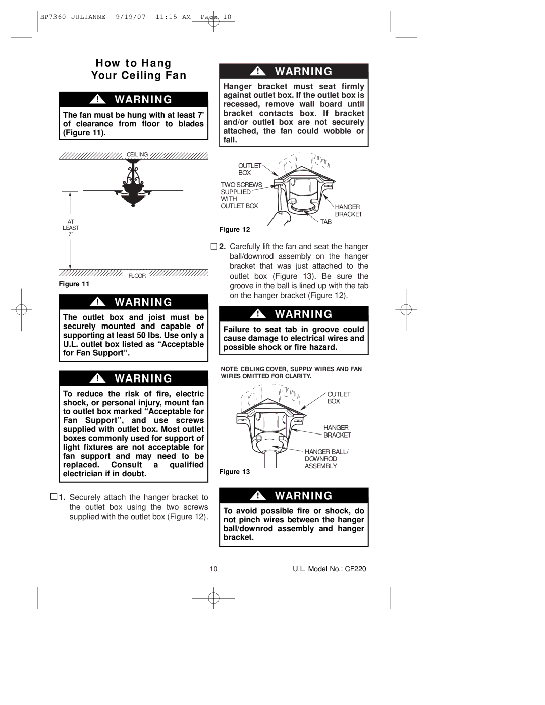 Emerson CF220GLZ00, CF220GBZ00, CF220AGW00 owner manual How to Hang Your Ceiling Fan, Tab 