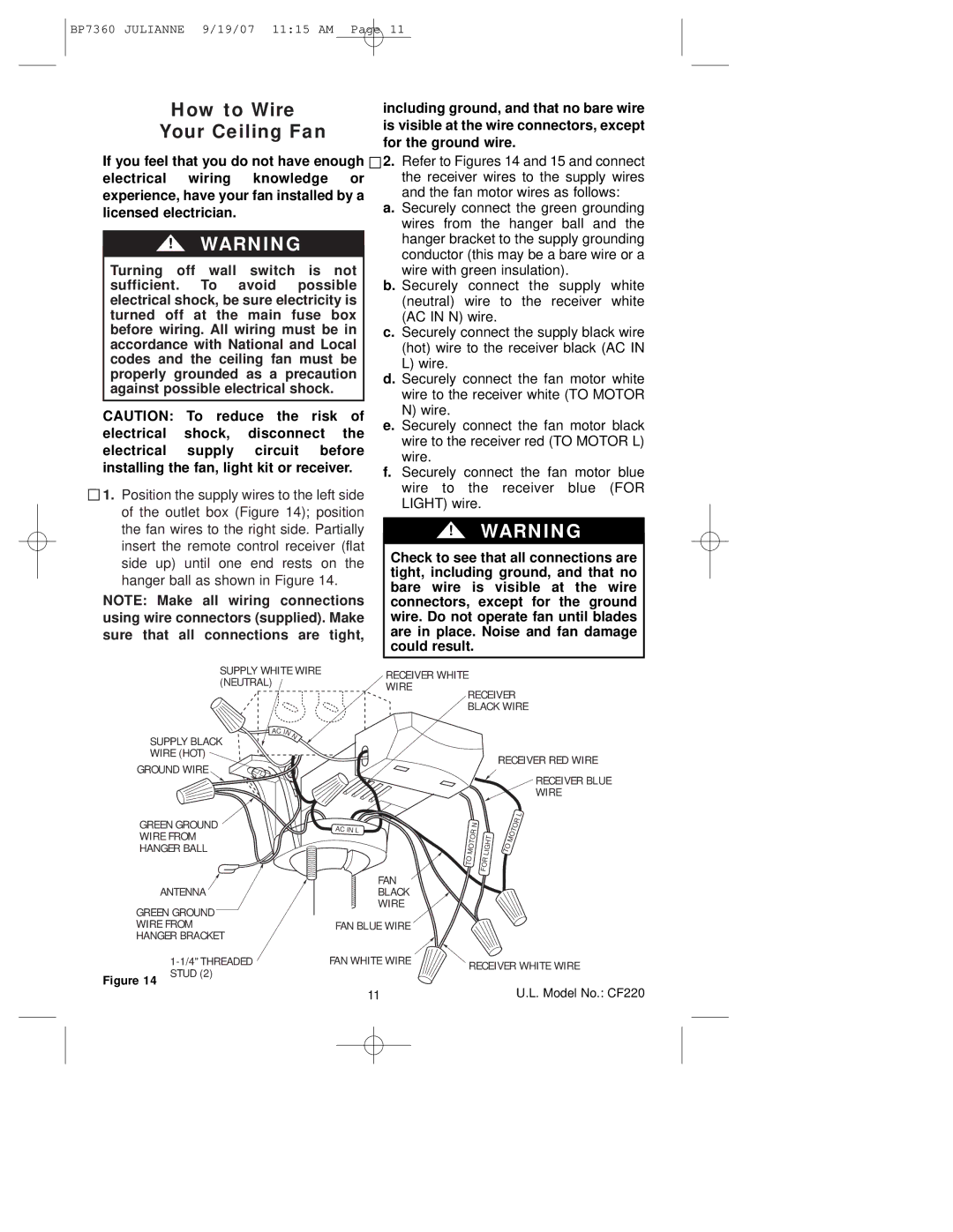 Emerson CF220AGW00, CF220GBZ00, CF220GLZ00 owner manual How to Wire Your Ceiling Fan, Stud 