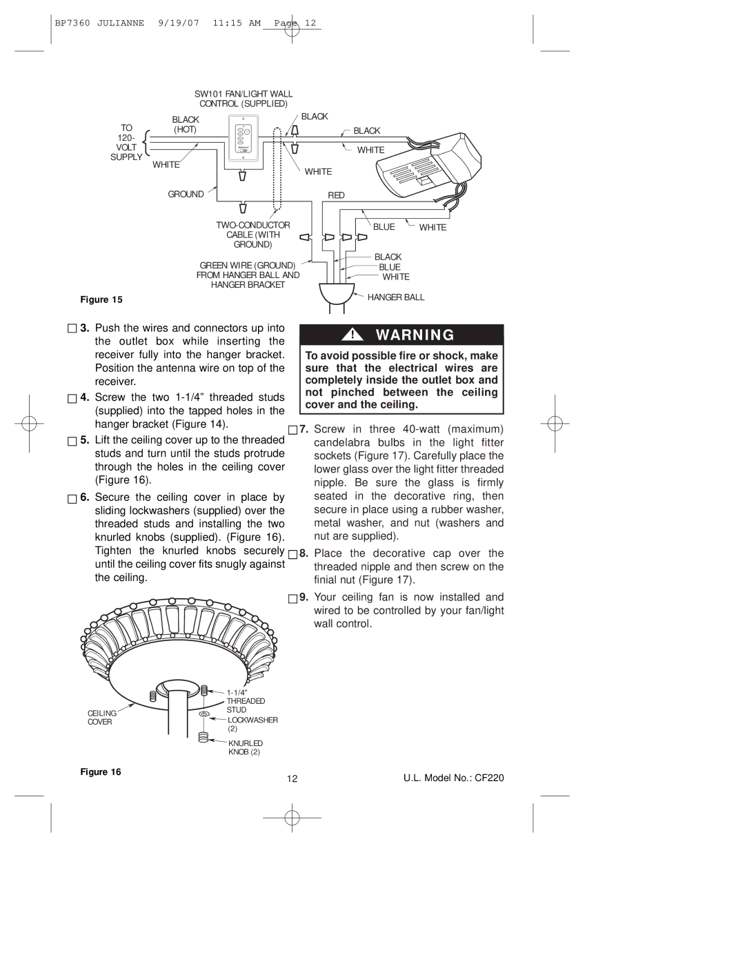 Emerson CF220GBZ00, CF220GLZ00, CF220AGW00 owner manual SW101 FAN/LIGHT Wall Control Supplied Black To HOT 