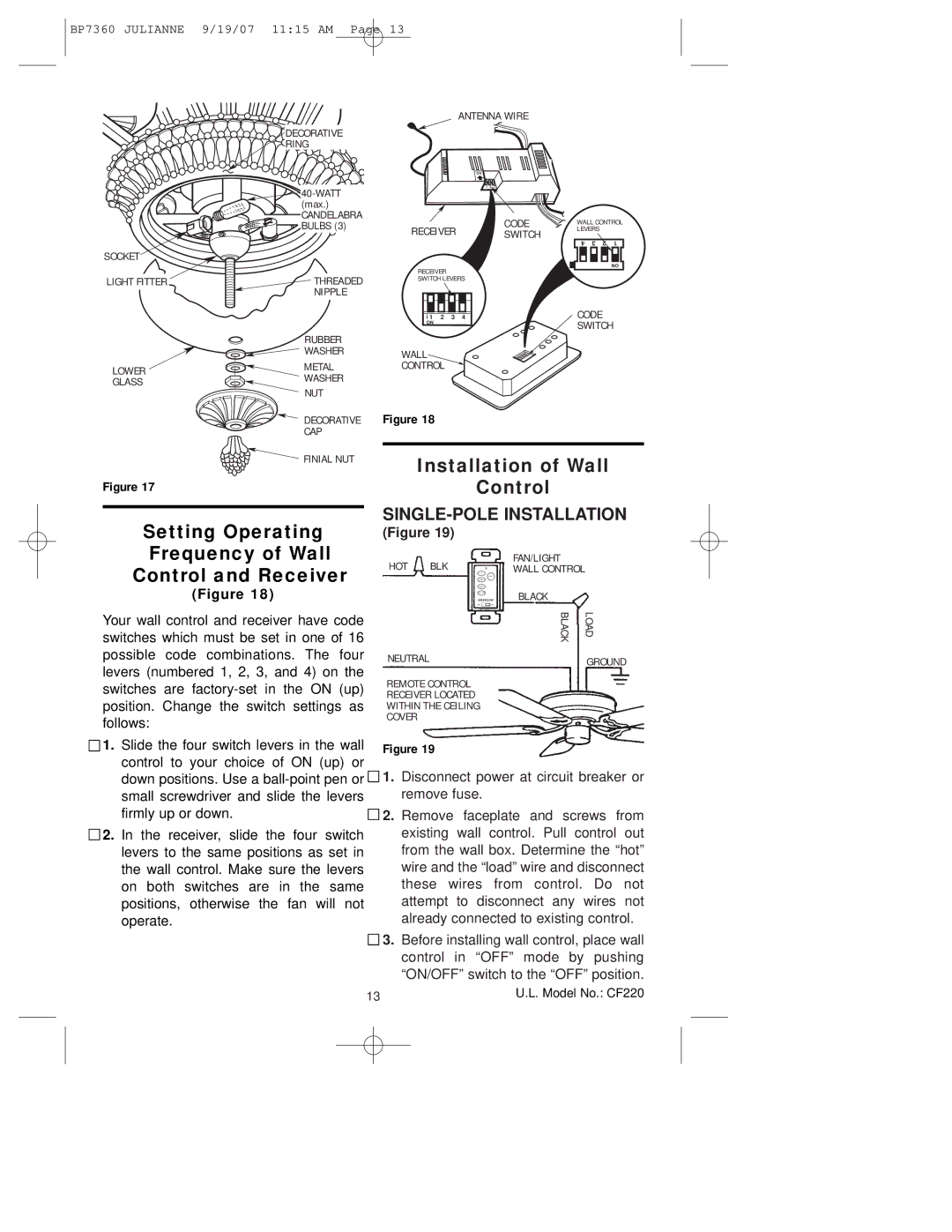 Emerson CF220GLZ00, CF220GBZ00 Installation of Wall Control, Setting Operating Frequency of Wall Control and Receiver 