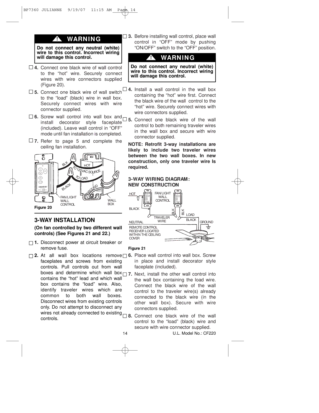 Emerson CF220AGW00, CF220GBZ00, CF220GLZ00 Do not connect any neutral white, Required WAY WIRlNG Diagram NEW Construction 