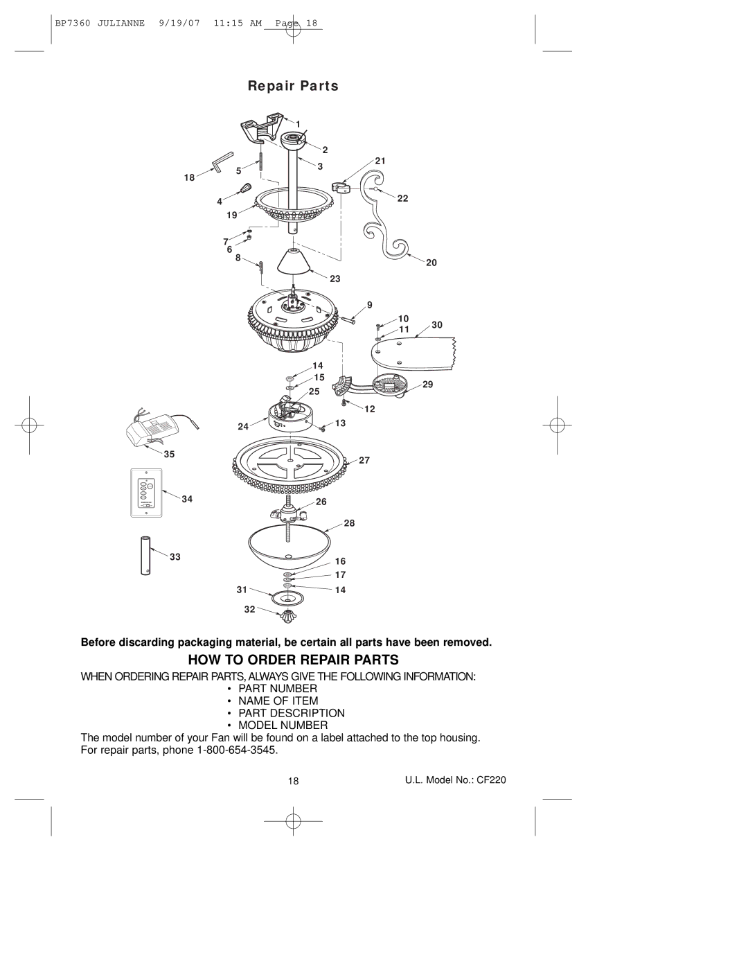 Emerson CF220GBZ00, CF220GLZ00, CF220AGW00 owner manual HOW to Order Repair Parts 