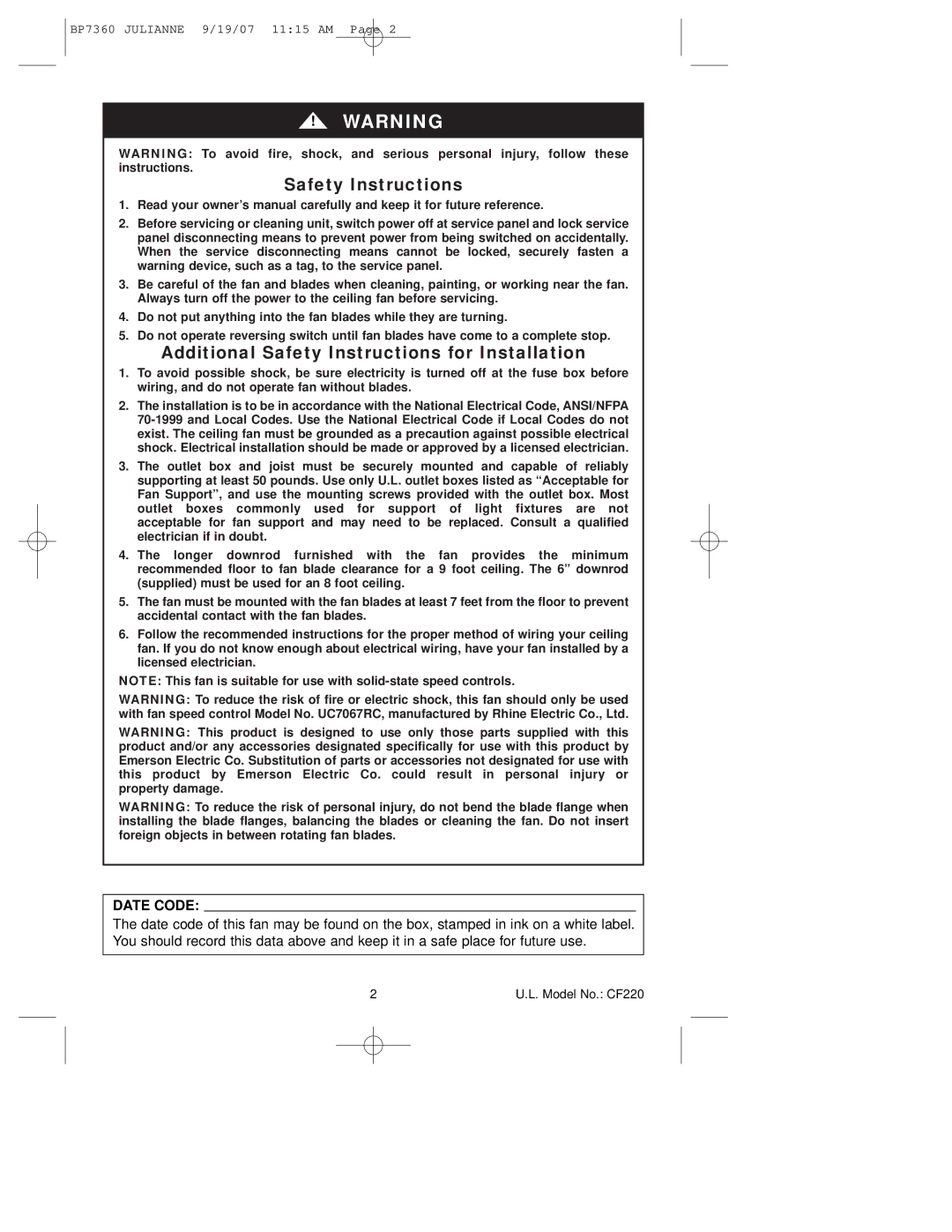 Emerson CF220AGW00, CF220GBZ00, CF220GLZ00 owner manual Additional Safety Instructions for Installation, Date Code 