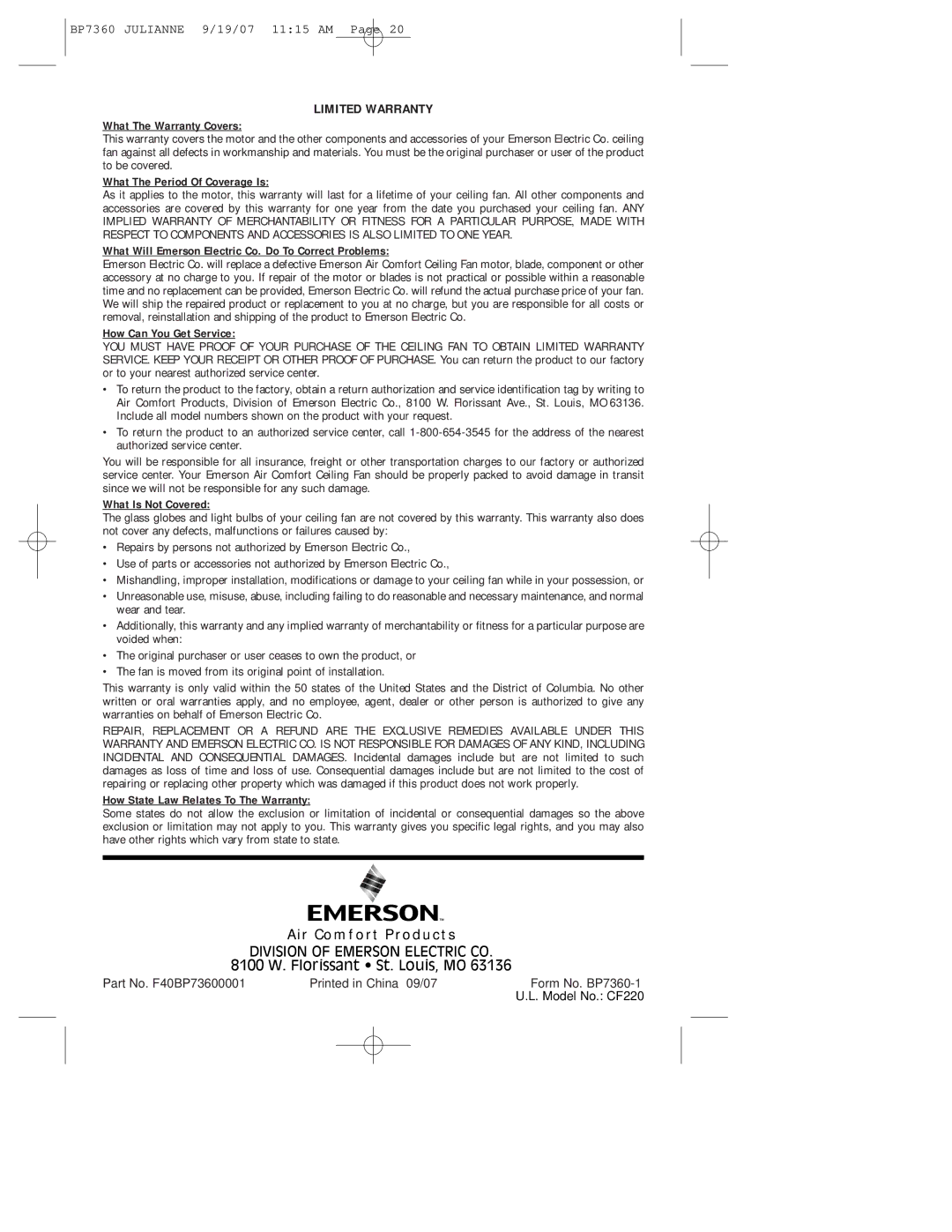 Emerson CF220AGW00, CF220GBZ00, CF220GLZ00 owner manual Limited Warranty, Air Comfort Products 