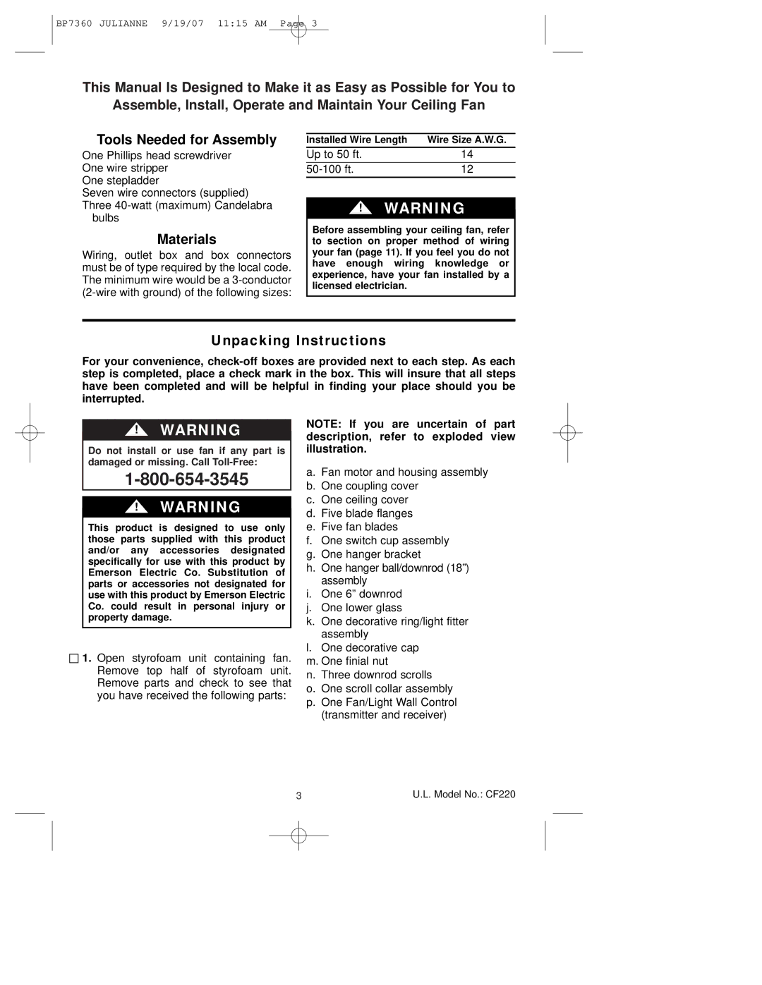 Emerson CF220GBZ00, CF220GLZ00, CF220AGW00 owner manual Materials, Unpacking Instructions 