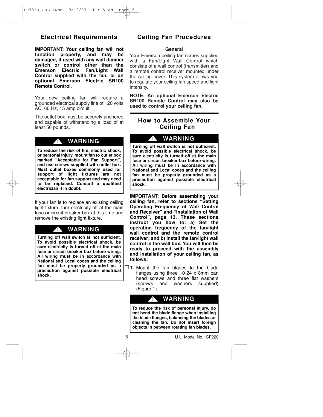 Emerson CF220AGW00, CF220GBZ00 Electrical Requirements Ceiling Fan Procedures, How to Assemble Your Ceiling Fan, General 