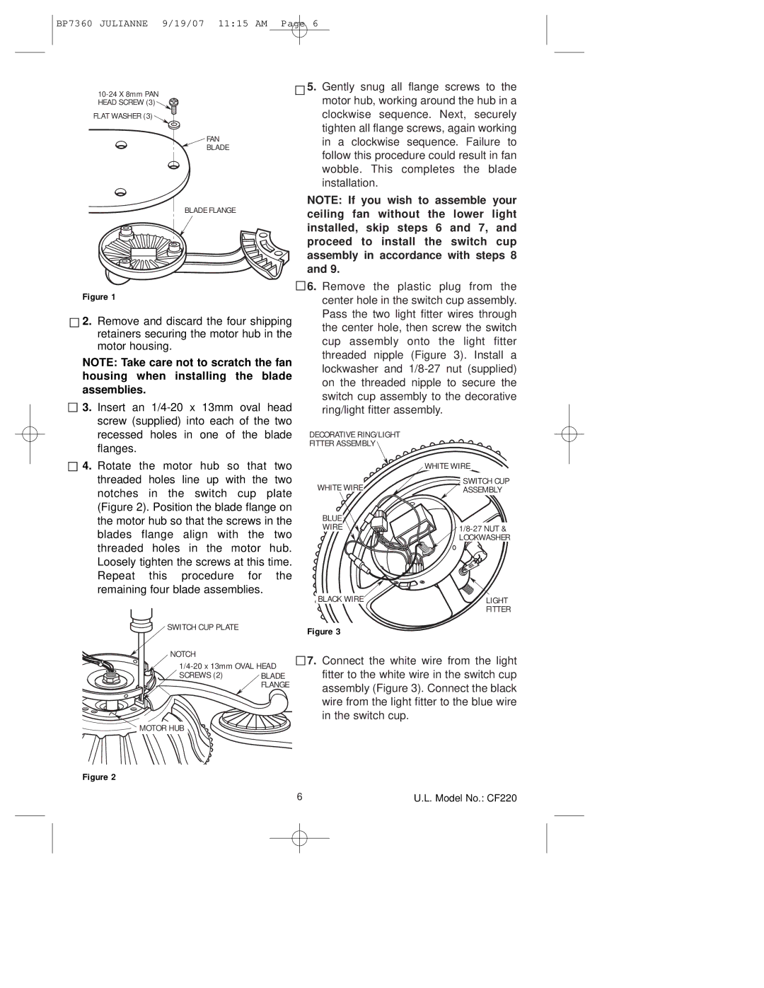 Emerson CF220GBZ00, CF220GLZ00, CF220AGW00 owner manual Flat Washer FAN Blade Blade Flange 