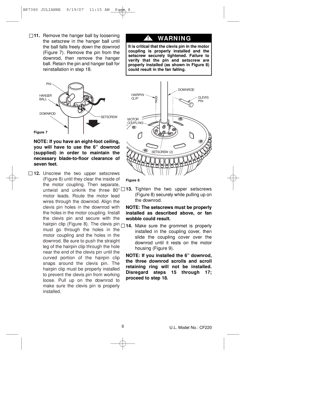 Emerson CF220AGW00, CF220GBZ00, CF220GLZ00 owner manual PIN Hanger Ball Downrod Setscrew Hairpin 