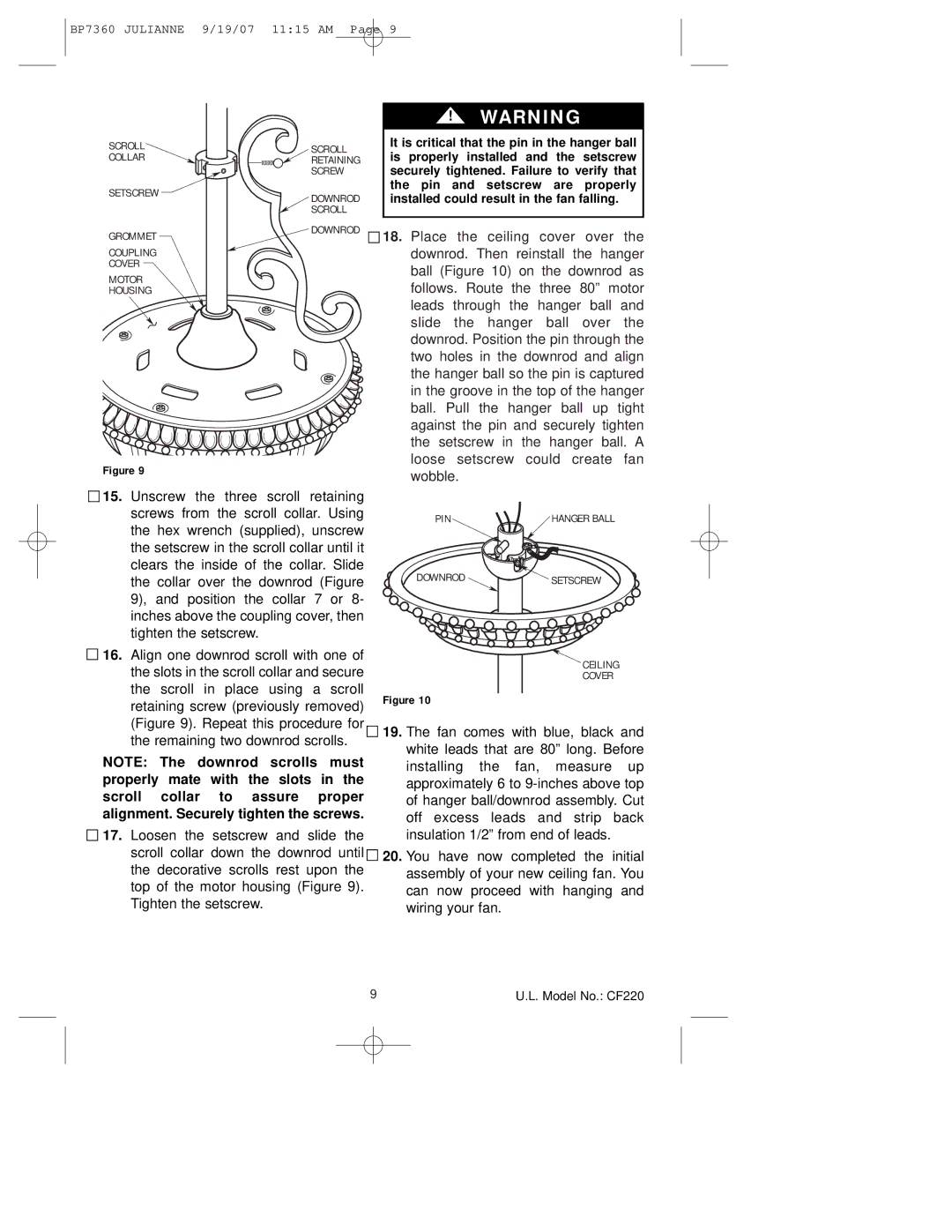 Emerson CF220GBZ00, CF220GLZ00, CF220AGW00 owner manual Downrod Setscrew 