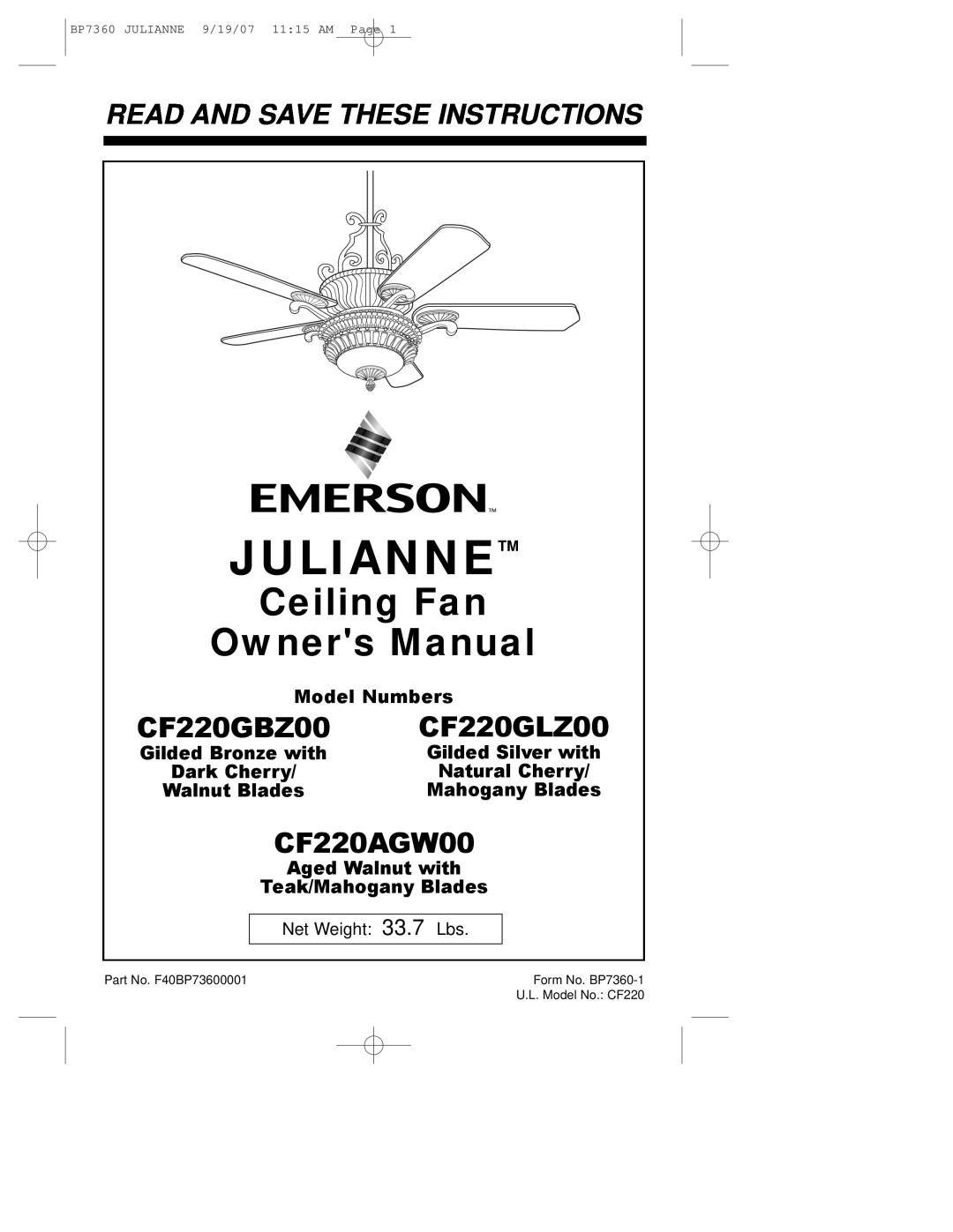 Emerson CF220GLZ00 owner manual Julianne, CF220AGW00, Read And Save These Instructions, CF220GBZ00, Model Numbers 