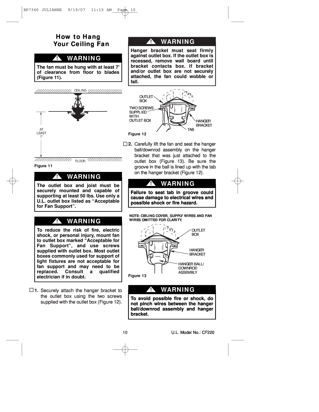 Emerson CF220GLZ00 How to Hang Your Ceiling Fan, Note Ceiling Cover, Supply Wires And Fan Wires Omitted For Clarity 