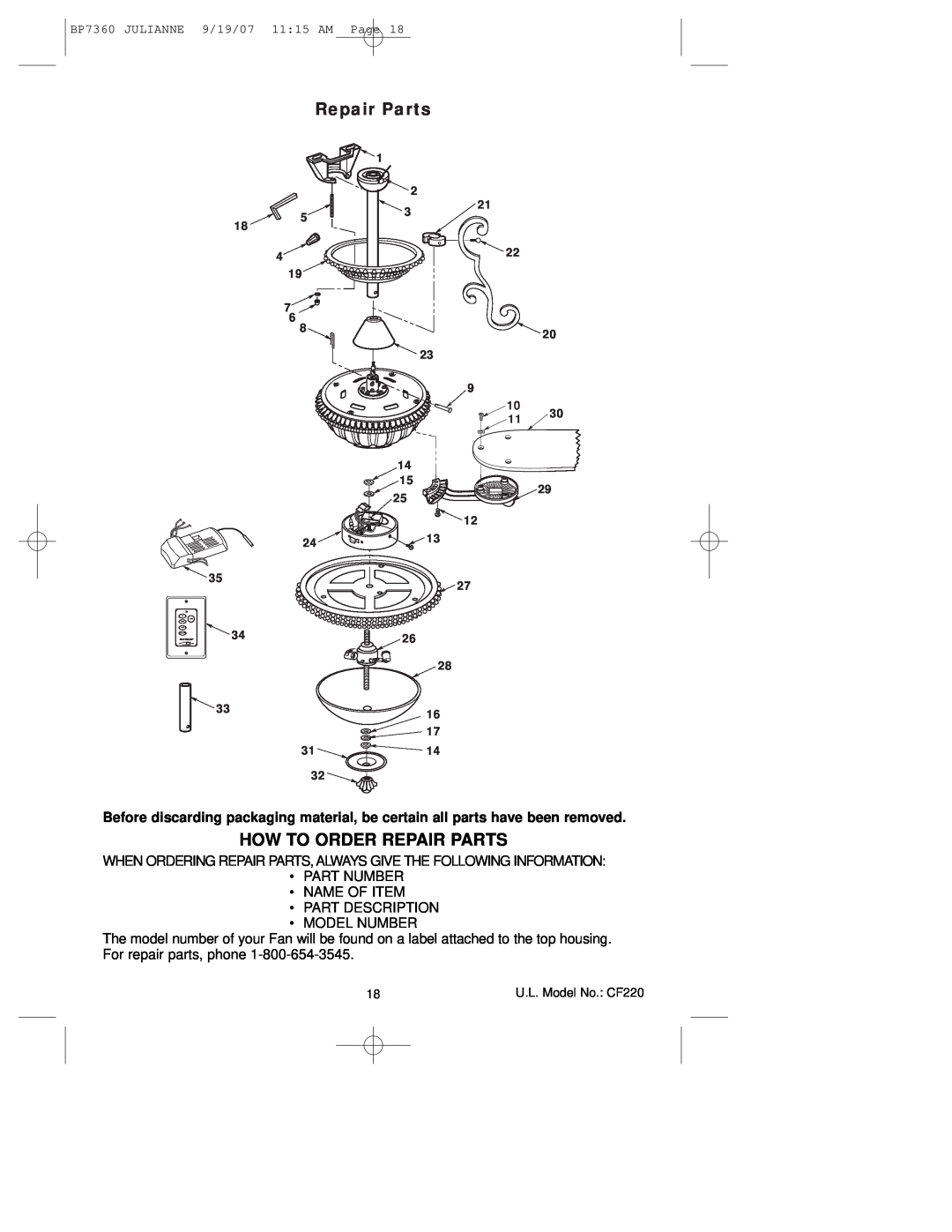 Emerson CF220GBZ00, CF220GLZ00, CF220AGW00 owner manual How To Order Repair Parts 