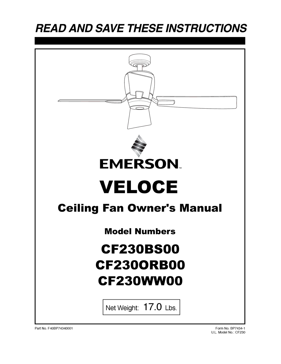 Emerson CF230WW00, CF230ORB00, CF230BS00 owner manual Veloce 