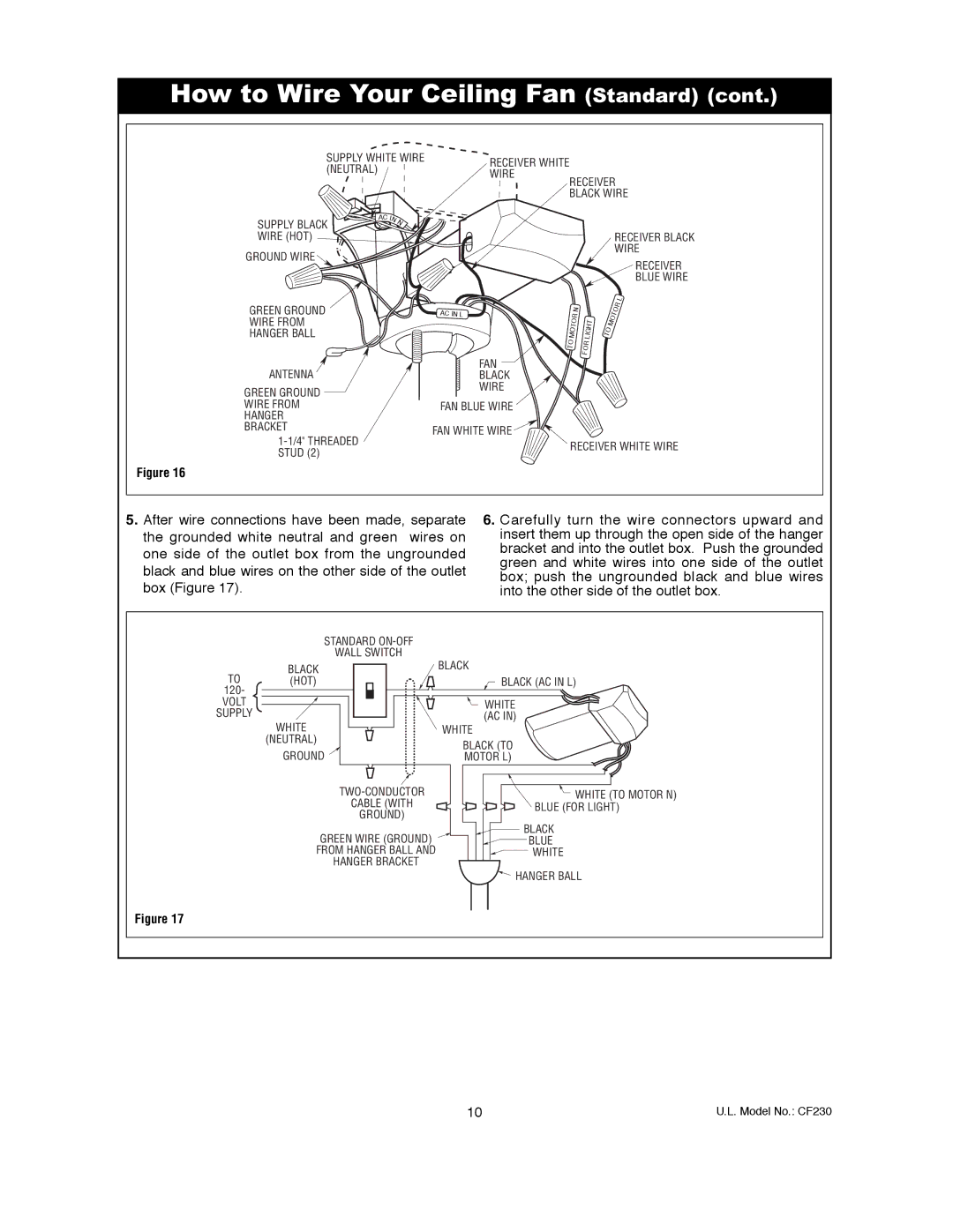 Emerson CF230WW00, CF230ORB00, CF230BS00 owner manual Supply White Wire Receiver White Neutral 