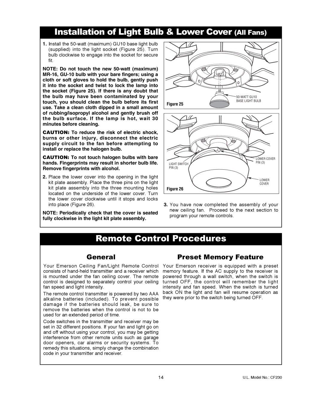 Emerson CF230BS00, CF230ORB00, CF230WW00 Installation of Light Bulb & Lower Cover All Fans, Remote Control Procedures 