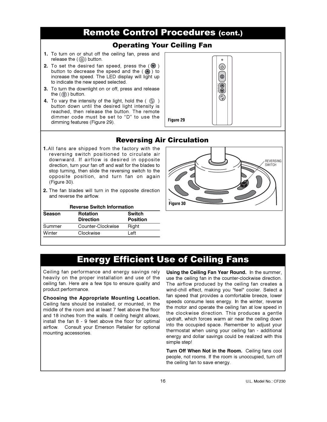 Emerson CF230WW00, CF230ORB00, CF230BS00 owner manual Energy Efficient Use of Ceiling Fans, Operating Your Ceiling Fan 