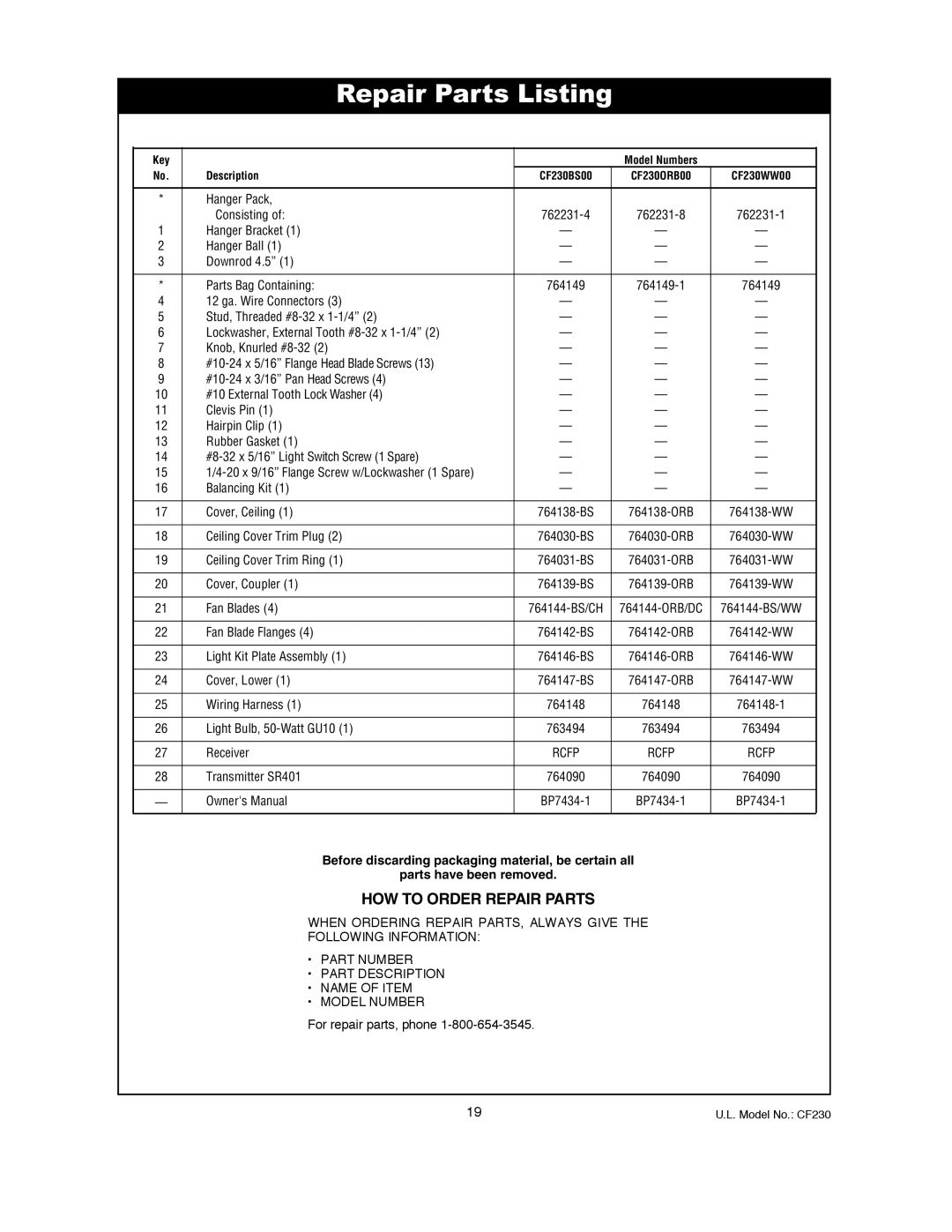 Emerson CF230WW00, CF230ORB00, CF230BS00 owner manual Repair Parts Listing, HOW to Order Repair Parts 