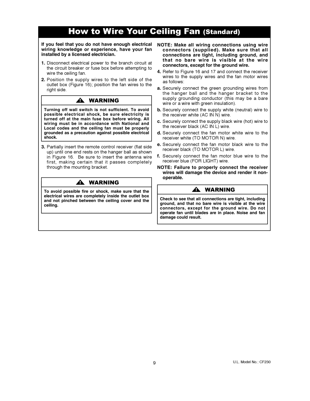 Emerson CF230ORB00, CF230WW00, CF230BS00 owner manual How to Wire Your Ceiling Fan Standard 