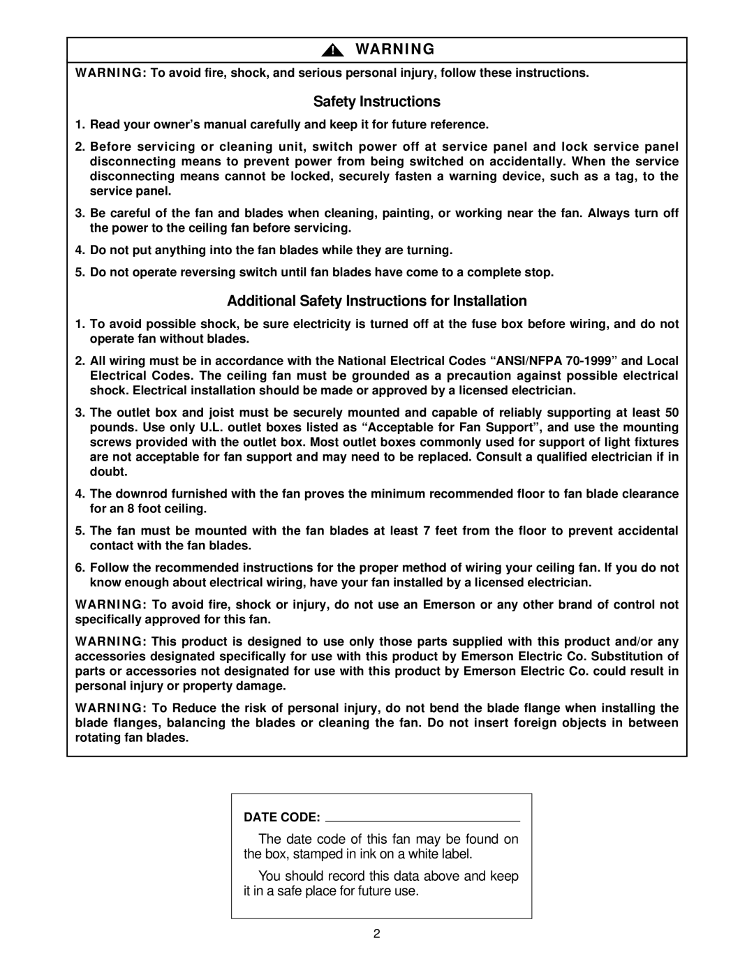 Emerson CF2400AB00, CF2400BZH00, CF2400BC00, CF2400WB00, CF24000SCK00, CF2400PW00, CF2400ORB00 warranty Safety Instructions 