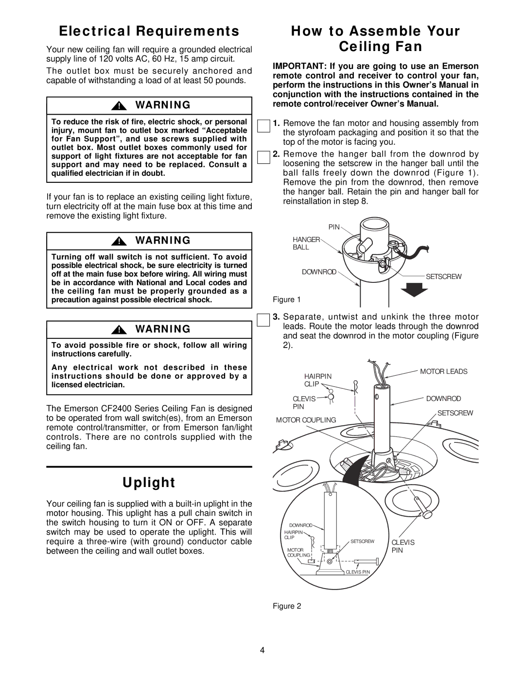 Emerson CF24000SCK00, CF2400BZH00, CF2400BC00, CF2400AB00 Electrical Requirements, Uplight, How to Assemble Your Ceiling Fan 