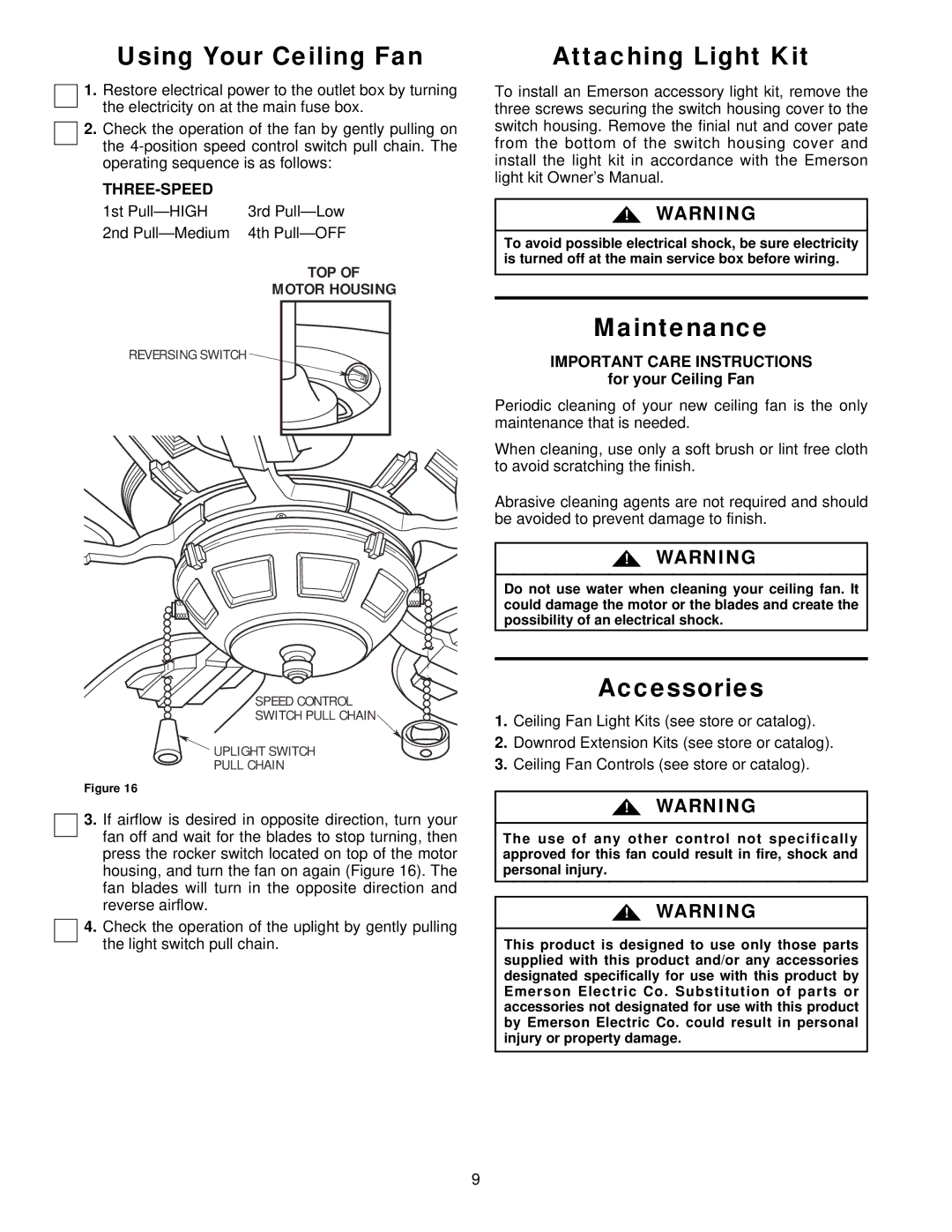 Emerson CF2400AB00, CF2400BZH00, CF2400BC00 warranty Using Your Ceiling Fan, Attaching Light Kit, Maintenance, Accessories 