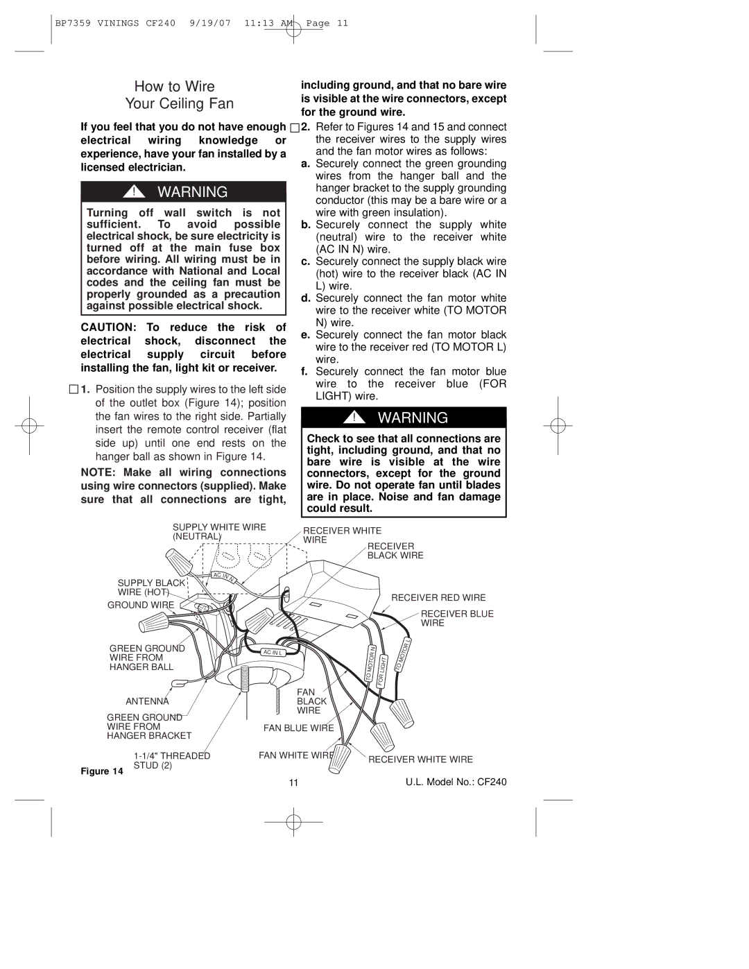 Emerson CF240ATB00 owner manual How to Wire Your Ceiling Fan, Stud 