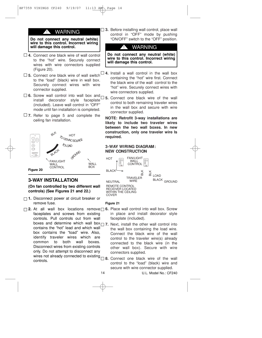 Emerson CF240ATB00 owner manual Do not connect any neutral white, Required WAY WIRlNG Diagram NEW Construction 