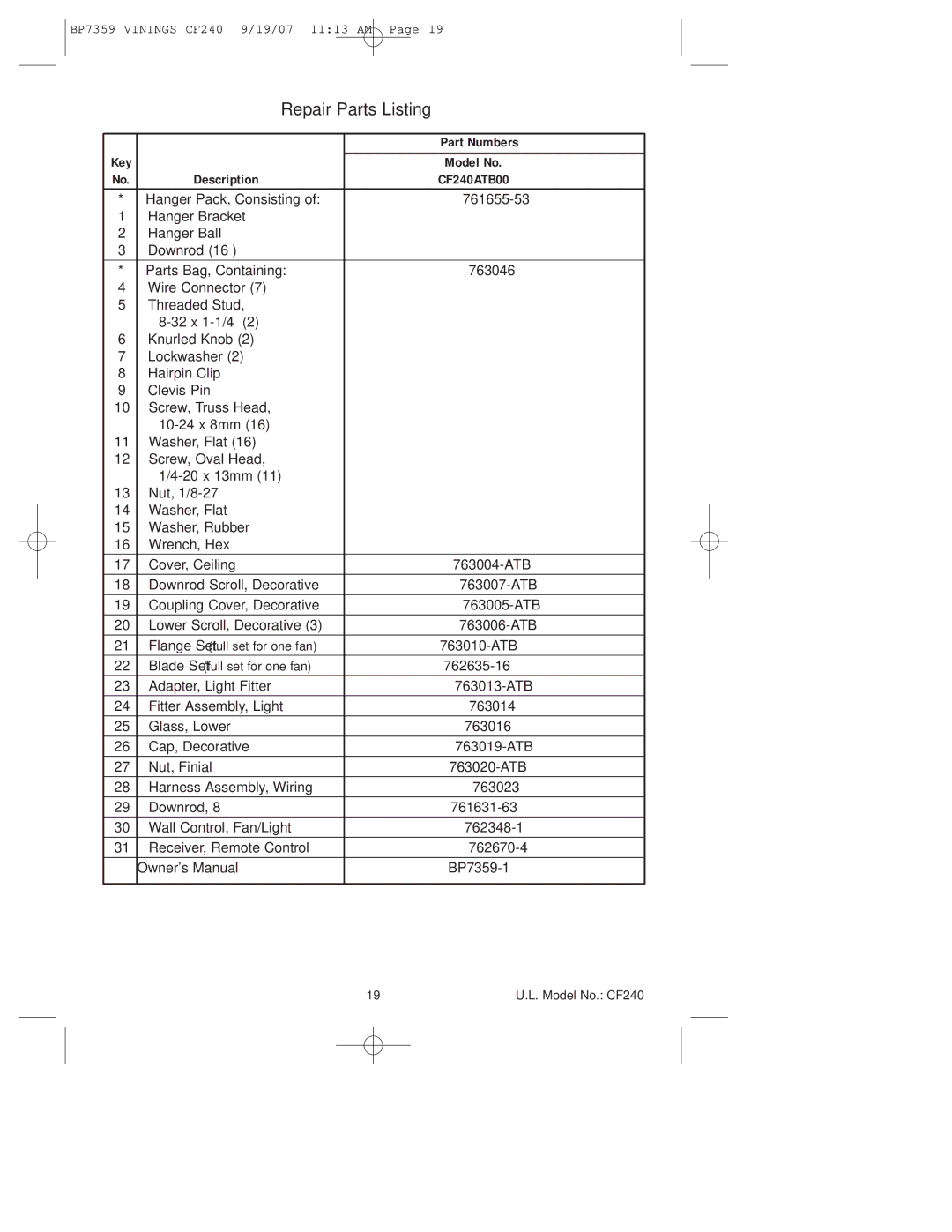 Emerson CF240ATB00 owner manual Repair Parts Listing, Part Numbers, Key Model No Description 