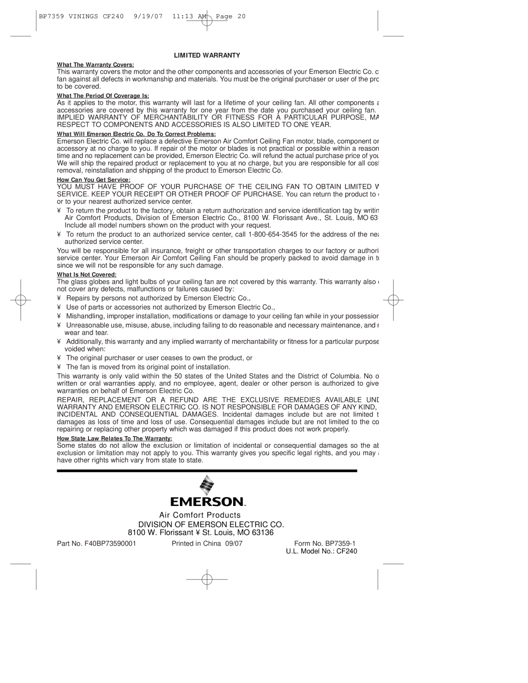 Emerson CF240ATB00 owner manual Limited Warranty, What The Warranty Covers 