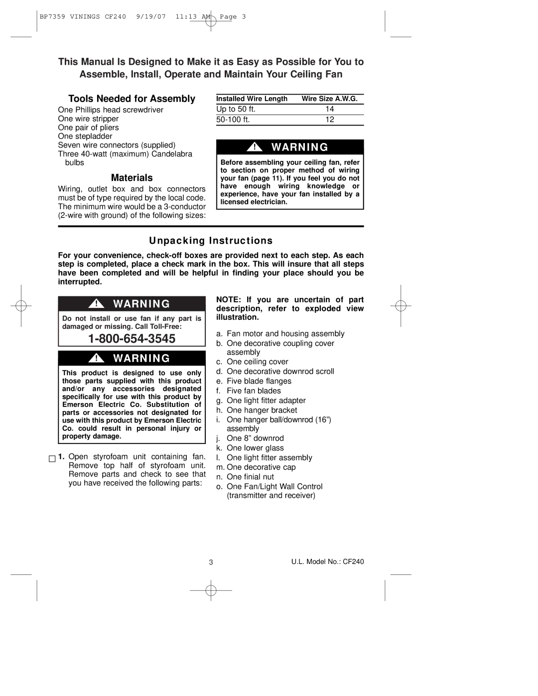 Emerson CF240ATB00 owner manual Materials, Unpacking Instructions 