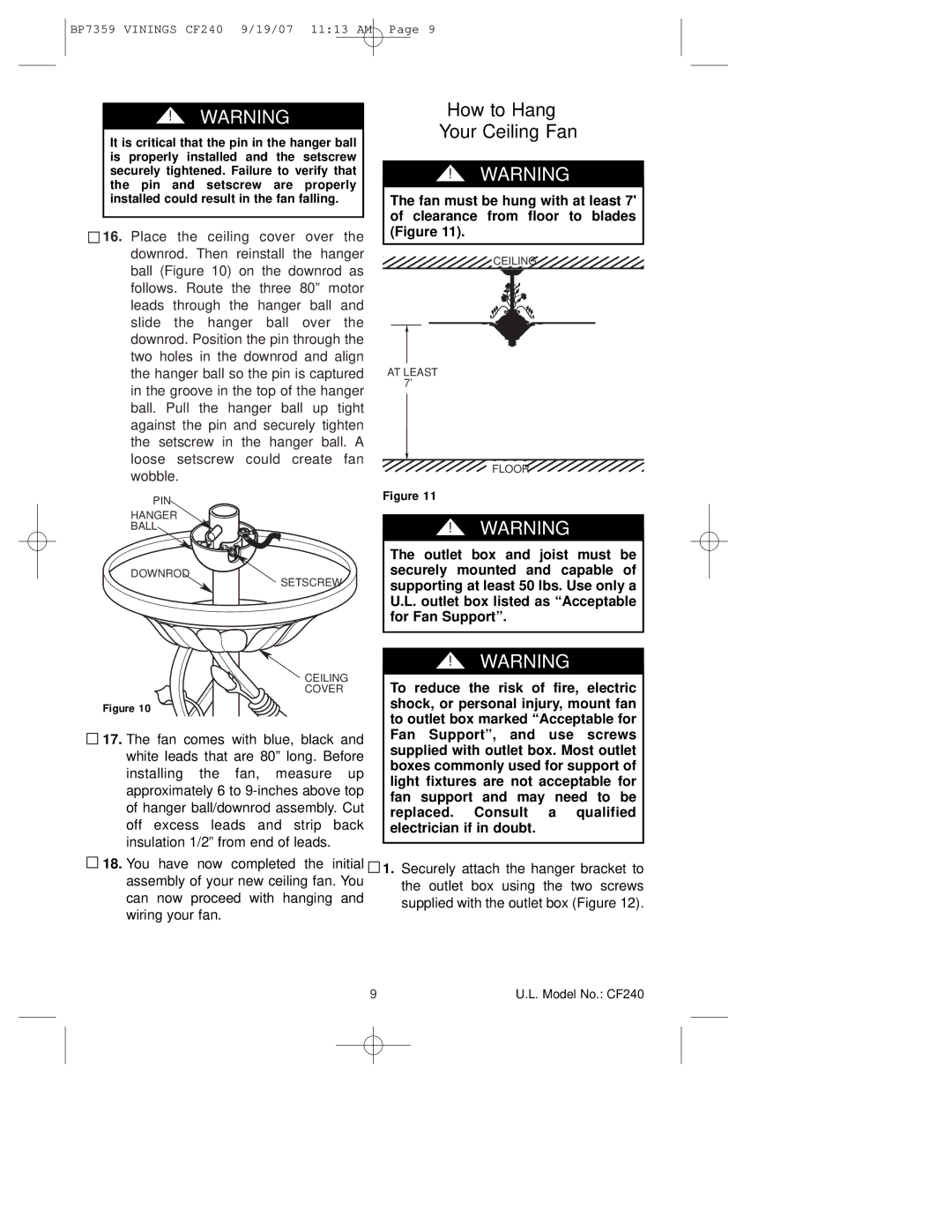 Emerson CF240ATB00 owner manual How to Hang Your Ceiling Fan 