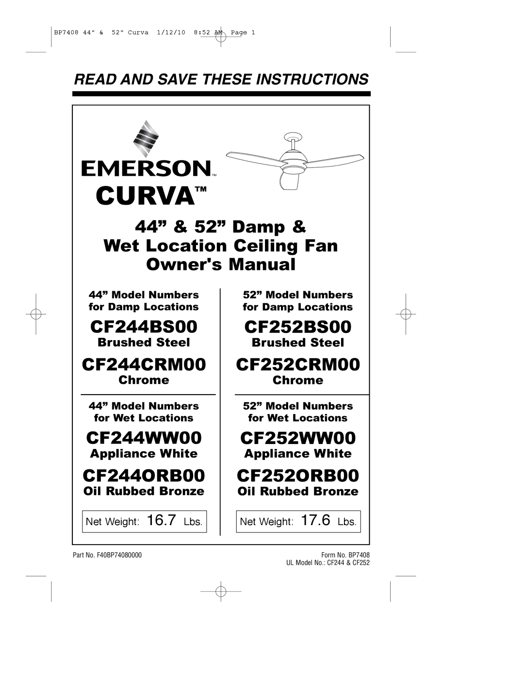 Emerson CF244BS00, CF244WW00, CF244CRM00, CF244ORB00 owner manual Model Numbers For Damp Locations, For Wet Locations 