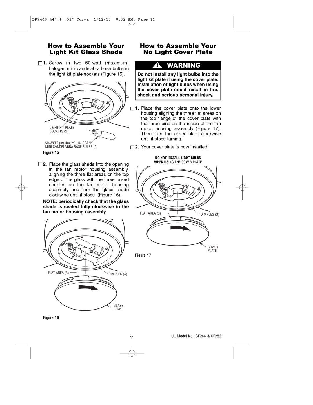 Emerson CF244ORB00, CF244WW00 How to Assemble Your Light Kit Glass Shade, How to Assemble Your No Light Cover Plate 